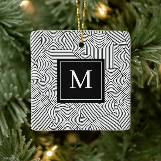 Midden Eeuw Modern Zwart Wit Monogram Initiaal Keramisch Ornament (Boom)
