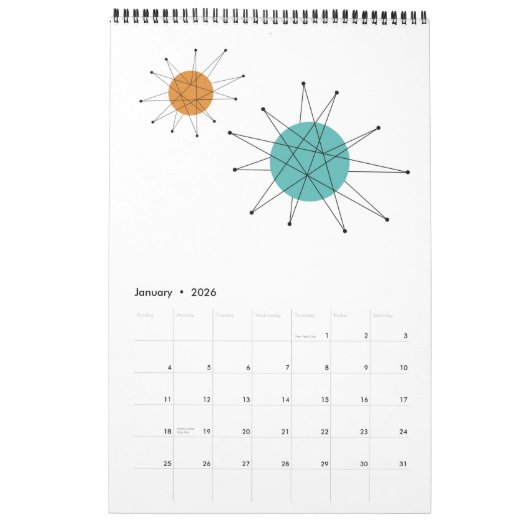 Midden eeuw moderne atomische retro originele kuns kalender (Jan 2026)