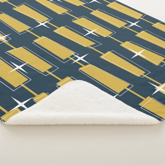 Midden eeuw moderne atoomblokken marine, mosterd sherpa deken (3/4)