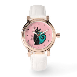 Midden eeuw moderne atoomkat roze blauw retro horloge