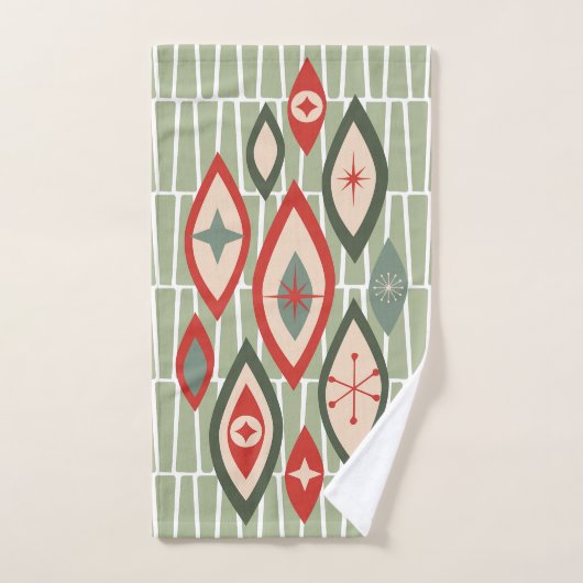 Midden eeuw moderne atoomvormen groen, rood bad handdoek (Handdoek)