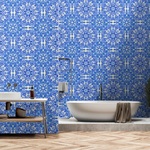 Midden eeuw moderne blauw-witte schil en stok behang