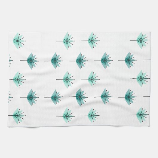 Midden eeuw moderne bloemen turquoise theedoek (Horizontaal)