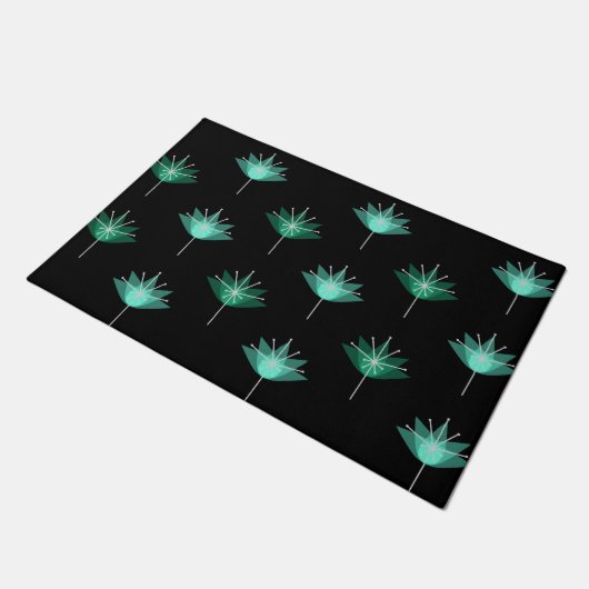 Midden eeuw moderne bloemen zwart turquoise deurmat (Schuin)