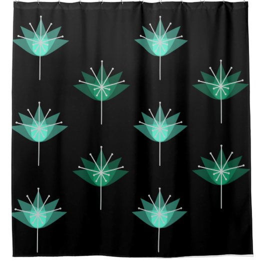 Midden eeuw moderne bloemen zwart turquoise douchegordijn (Voorkant)