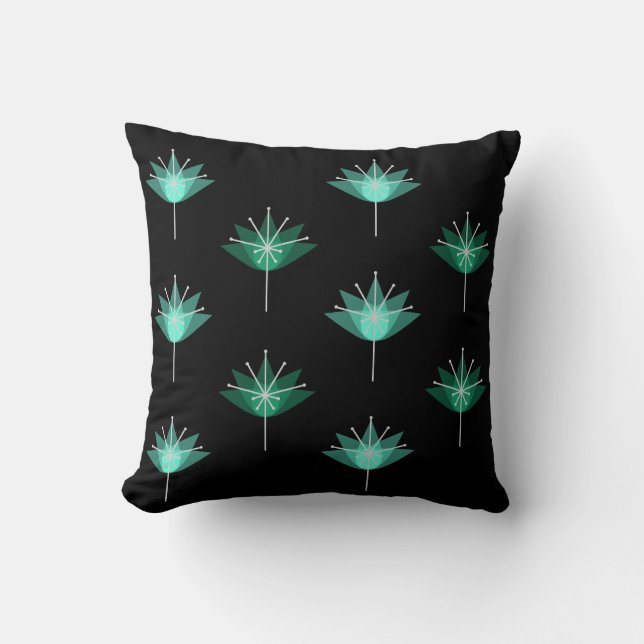 Midden eeuw moderne bloemen zwart turquoise kussen (Voorkant)