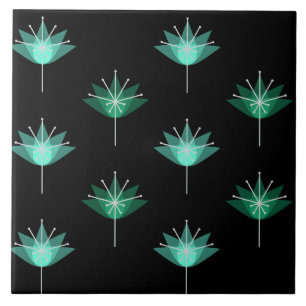 Midden eeuw moderne bloemen zwart turquoise tegeltje