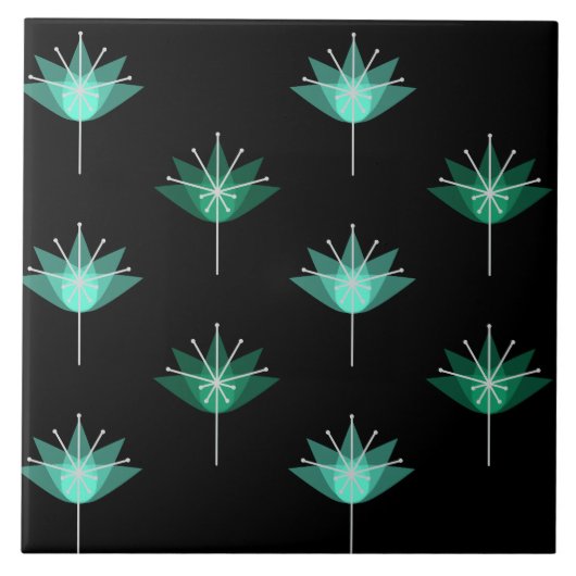 Midden eeuw moderne bloemen zwart turquoise tegeltje (Voorkant)