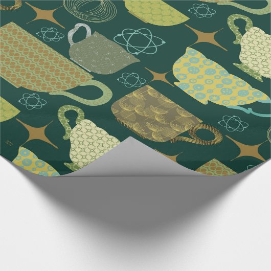 Midden eeuw moderne donkergroene theekopje cadeaupapier (Hoek)