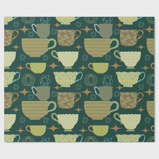 Midden eeuw moderne donkergroene theekopje cadeaupapier (Vlak)