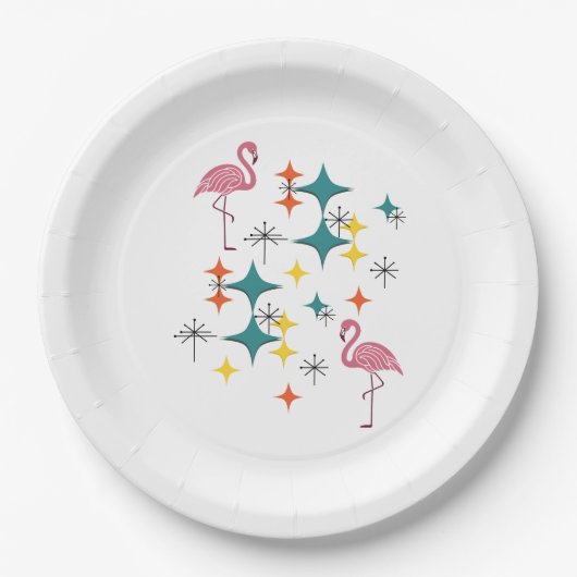 Midden eeuw moderne Eames Atomic Flamingo's Diaman Papieren Bordje (Voorkant)