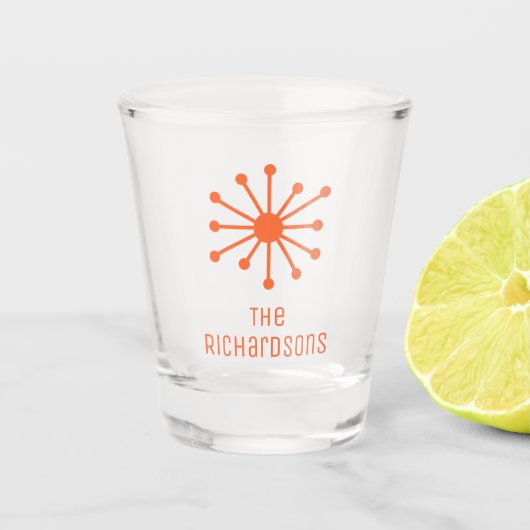 Midden eeuw moderne gepersonaliseerde atoomtijd shot glas (Voorkant)