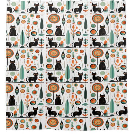 Midden eeuw Moderne Grappige Ruimte Katten Douchegordijn (Voorkant)