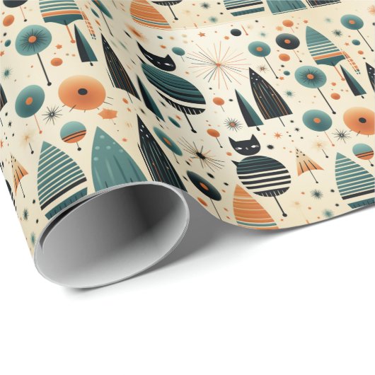 Midden eeuw moderne katten bomen bloemen cadeaupapier (Rol Hoek)