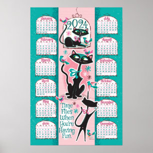 Midden-eeuw moderne katten kalender 2024 poster