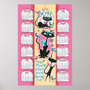 Midden-eeuw moderne katten kalender 2024 poster
