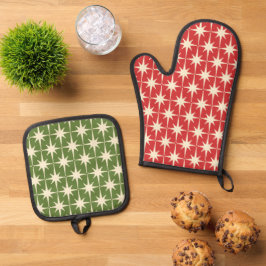 Midden eeuw Moderne Kerst Sterren Retro Atomic Ovenwant & Pannenlap Set