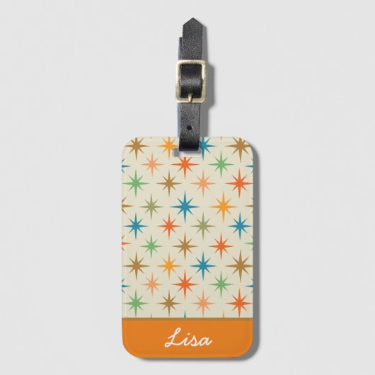 Midden eeuw moderne kleurrijke atomaire sterrenspr bagagelabel (Voorkant (verticaal))