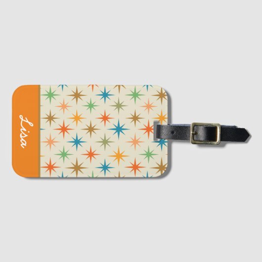 Midden eeuw moderne kleurrijke atomaire sterrenspr bagagelabel (Voorkant (horizontaal))