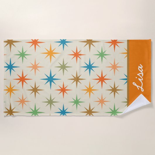 Midden eeuw moderne kleurrijke atomische sterrensp strandlaken (Voorkant)