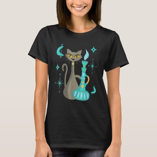 Midden-eeuw moderne ondeugende kat met geest lamp t-shirt (Voorkant)
