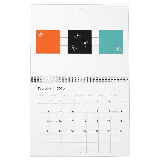 Midden eeuw Moderne Originele Atoomkunst Kalender (Feb 2026)