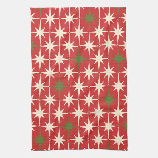 Midden eeuw moderne retro atomische kerststerren theedoek (Verticaal)