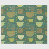 Midden eeuw moderne retro groene theekopje cadeaupapier (Vlak)