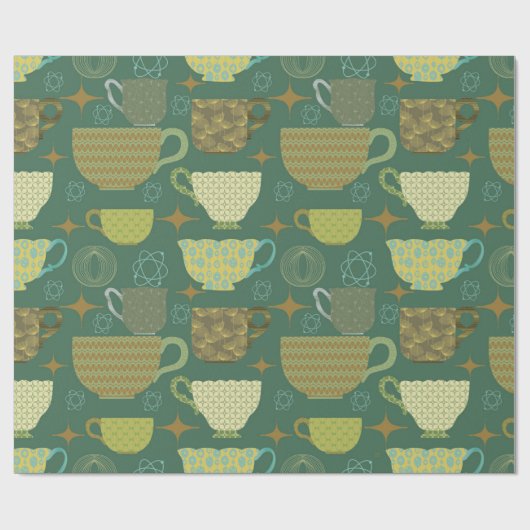 Midden eeuw moderne retro groene theekopje cadeaupapier (Vlak)