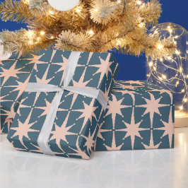 Midden eeuw Moderne Retro Sterren Staal Blauw Patr Cadeaupapier