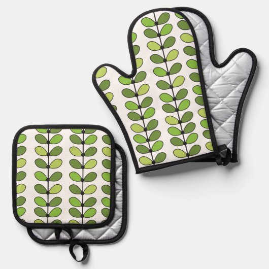 Midden eeuw moderne Scandi groene bladeren Ovenwant & Pannenlap Set (Voorkant / Achterkant)