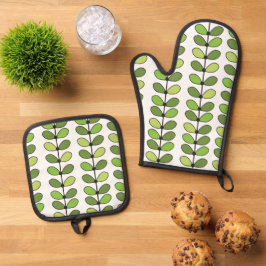 Midden eeuw moderne Scandi groene bladeren Ovenwant & Pannenlap Set
