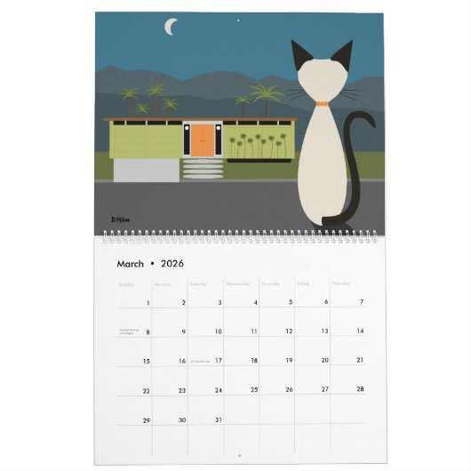 Midden eeuw moderne Siamese katten Kalender (Mar 2026)