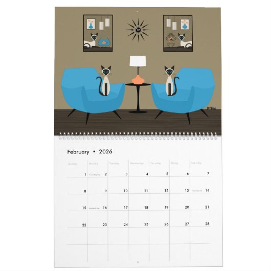 Midden eeuw moderne Siamese katten Kalender (Feb 2026)