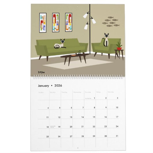 Midden eeuw moderne Siamese katten Kalender (Jan 2026)