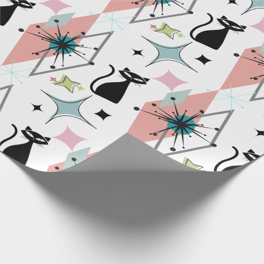 Midden eeuw moderne sterren en katten patroon wit cadeaupapier (Hoek)