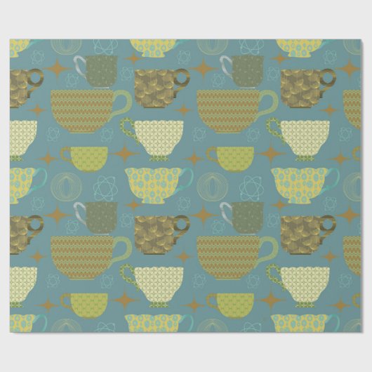 Midden eeuw moderne stoffige blauwe theekopje cadeaupapier (Vlak)