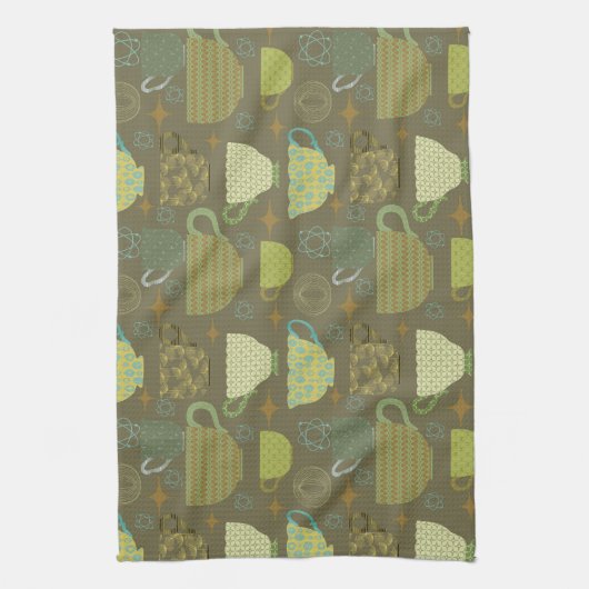 Midden-eeuw moderne Taupe Teacup Theedoek (Verticaal)