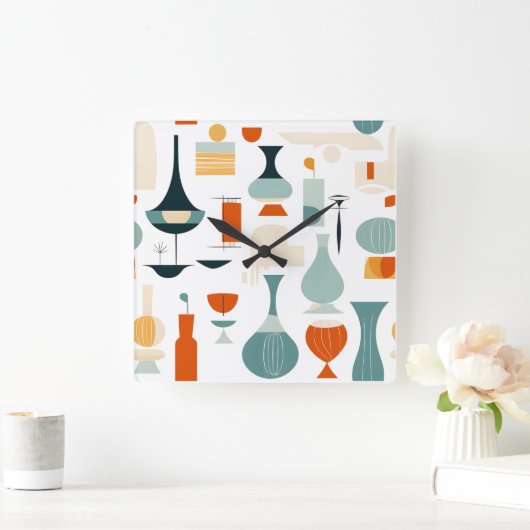 Midden eeuw moderne vaas vorm op wit vierkante klok (Huis)