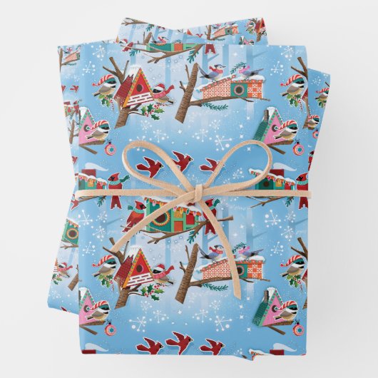 Midden-eeuw moderne vogelhuisjes Kerstmis Inpakpapier Vel (In situ)