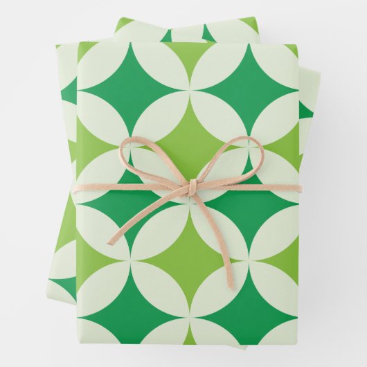 Midden eeuw moderne Witte Groene Starbursts Cirkel Inpakpapier Vel (In situ)