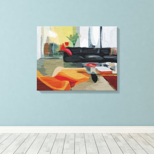 Midden eeuw moderne woonkamer retro canvas afdruk (Insitu (Houten vloer))