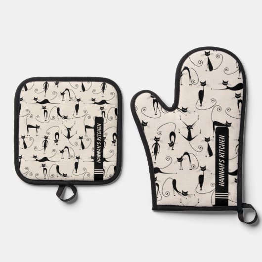 Midden-eeuw moderne zwarte kat ovenwant & pannenlap set (Voorkant)