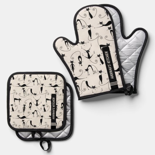 Midden-eeuw moderne zwarte kat ovenwant & pannenlap set (Voorkant / Achterkant)