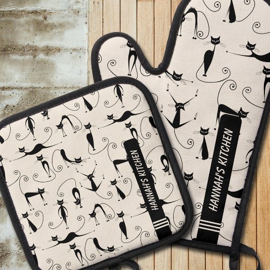 Midden-eeuw moderne zwarte kat ovenwant & pannenlap set