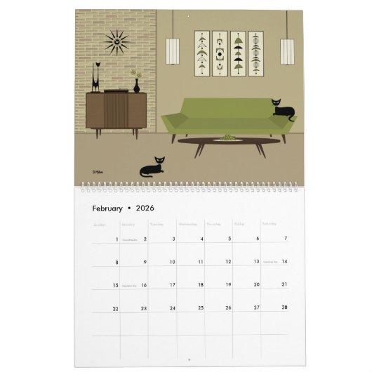 Midden eeuw moderne zwarte katten kalender (Feb 2026)