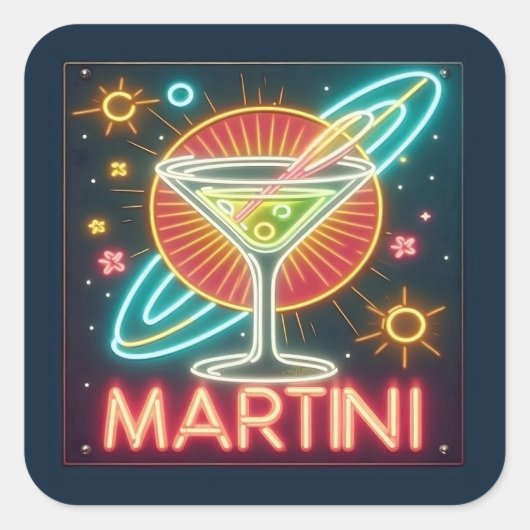 Midden Eeuw Neon Martini Bord Vierkante Sticker (Voorkant)