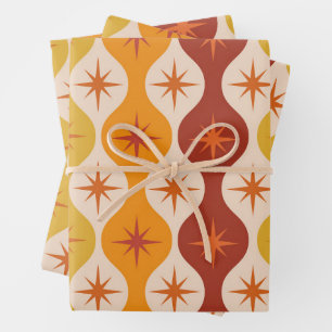 Midden eeuw oranje stervlagen op vintage Ogee Inpakpapier Vel