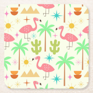 Midden eeuw Palm Springs Flamingo met Bomen Kartonnen Onderzetters
