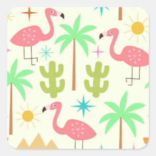 Midden eeuw Palm Springs Flamingo met Bomen Vierkante Sticker